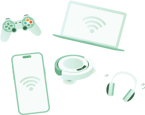 Various smart devices including a game controller, smartphone, robot vacuum, laptop, and headphones, all showing Wi-Fi signals.