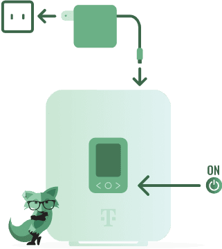 Wi-Fi gateway being plugged into power, with a character pointing at the power button.