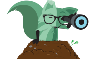 Fox hiding behind a pile of earth with its upper body showing, holding a telescope on one hand and looking through it.