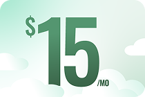 Bold '$15/mo' text prominently displayed on a mint-green background.