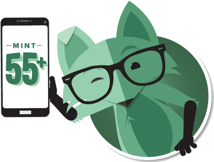 Fox holding a phone with the Mint 55+ logo showing on the screen.