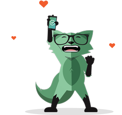 Fox holding a phone up above their head smiling and with cartoon hearts around them