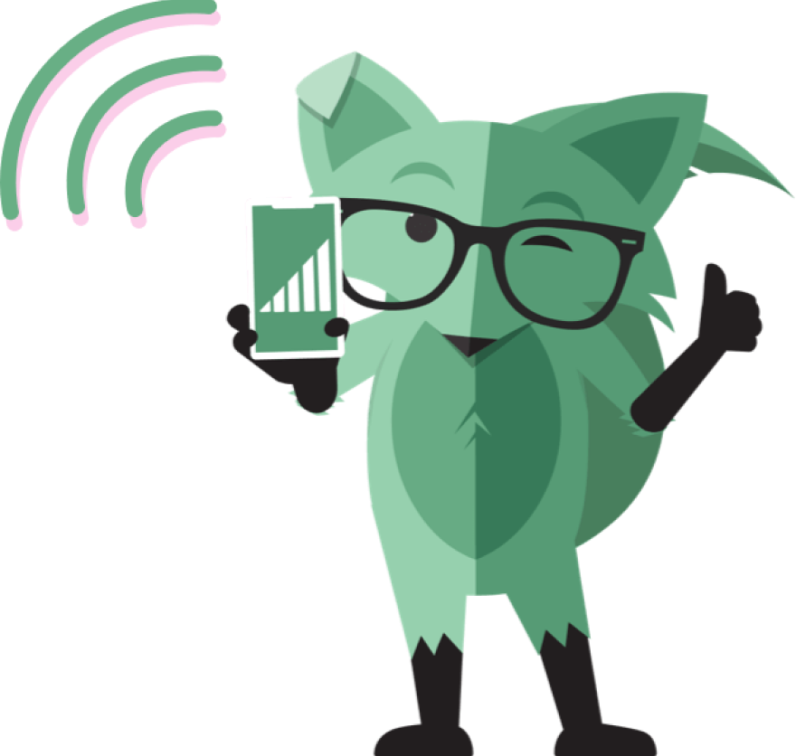 Fox holding a phone on one hand with a full signal icon showing on the screen, and giving a thumbs up with the other.