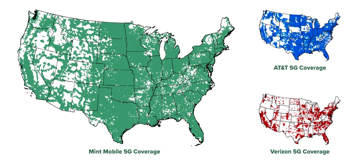Maps showing 5G coverage areas of T-Mobile, AT&T, and Verizon