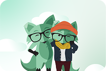 Two mint-green fox mascots wearing glasses embracing each other against a green background.