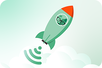 A green rocket soaring through a mint-green sky with a Wi-Fi symbol beneath its propulsion system. The Mint Mobile fox mascot with glasses peers through a round window.