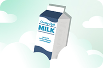 A blue carton of milk partially obscured by clouds against a mint-green sky.