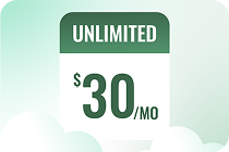 Bold, stylized 'Unlimited for $30/mo' text against a mint-green background.