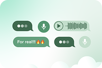 An assortment of chat bubbles, audio message icons, recording buttons, and typing indicators against a mint-green background.